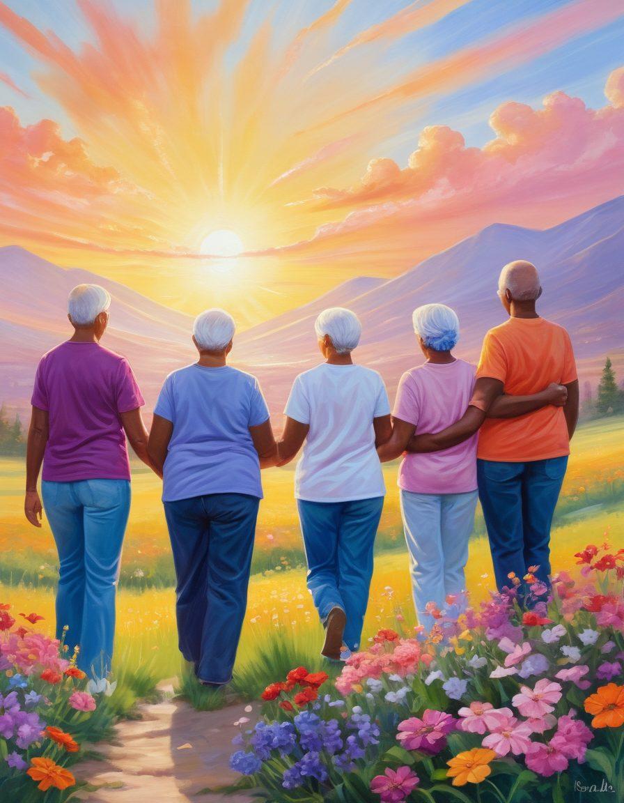 A serene landscape depicting a diverse group of cancer survivors standing together, sharing smiles and support, with a bright horizon symbolizing hope and resilience. Include elements such as blooming flowers, a soft sunrise, and community activity in the background showcasing unity. Emphasize warm, uplifting colors to create an atmosphere of empowerment and joy. painting. vibrant colors. soft focus.