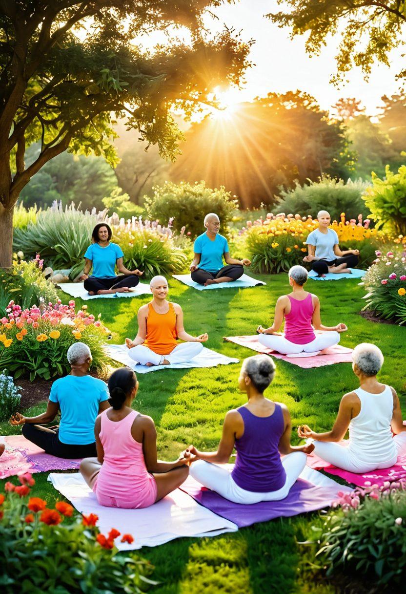 A serene landscape depicting a diverse group of cancer survivors engaging in holistic wellness activities, such as meditation, yoga, and gardening, all under a radiant sunrise. Surround them with vibrant flowers and soft, comforting colors to symbolize rebirth and empowerment. Include elements like herbal teas and wellness tools scattered around, enhancing the theme of holistic health. super-realistic. vibrant colors. peaceful atmosphere.