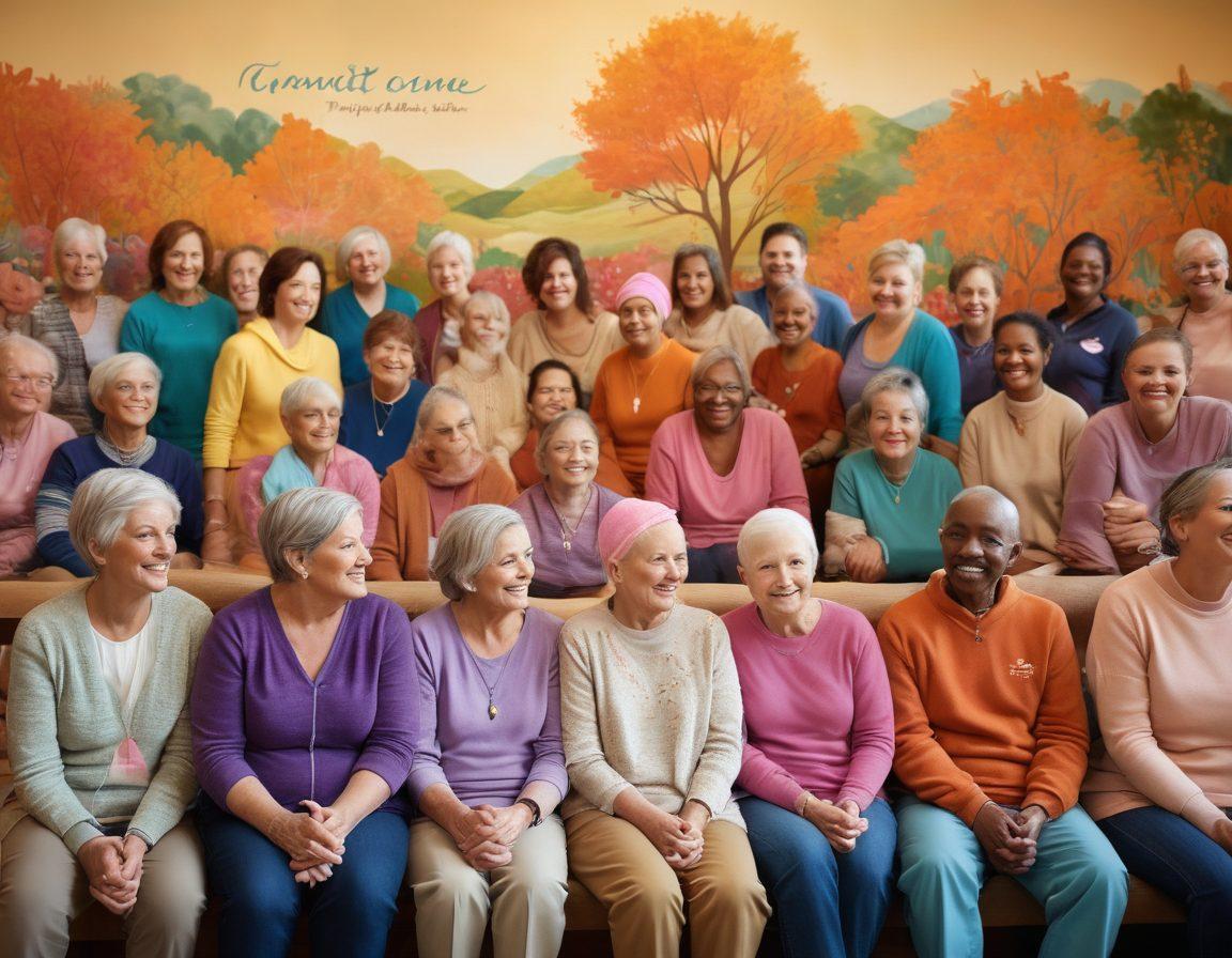An inspiring scene depicting a diverse group of cancer patients and advocates gathered in a cozy community center, sharing stories and support. Warm, inviting colors illuminate their faces, highlighting hope and connection. Various support materials like brochures, ribbons, and inspirational quotes are scattered around. A soft-focus background shows a mural of resilience and strength. super-realistic. vibrant colors. intimate atmosphere.